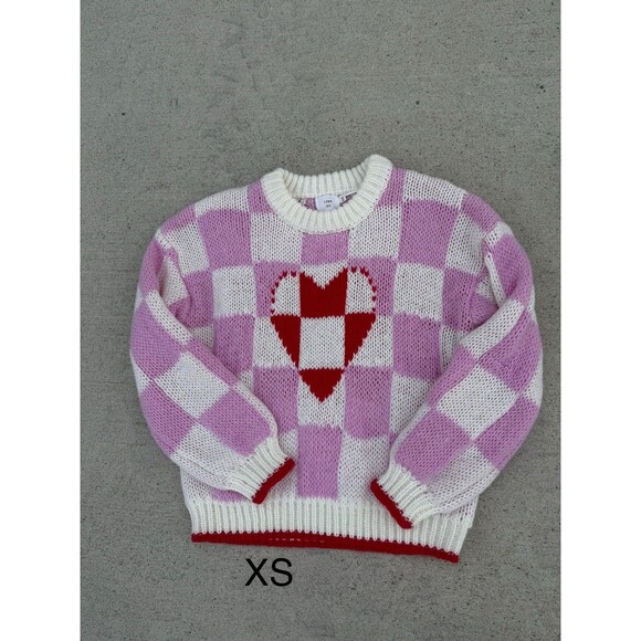 Luna Ivy Pink Cream Check Heart Chunky Knit Long Sleeve Crew Sweater XS - Picture 1 of 5